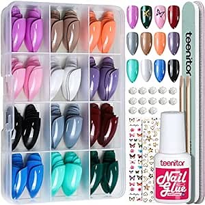 Teenitor 12 Colors Almond Press On Nails Short Length, Almond Shaped Press On Nails With Glue, Press On Nails Medium Almond, Almond Acrylic Nails Press On Almond Nails