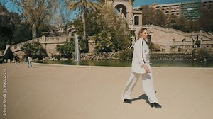 Young gorgeous elegant woman in white suit confidently walking along old beautiful city park over classic architecture