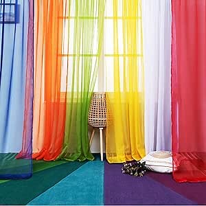 6 Piece Rainbow Sheer Window Panel Colorful Backdrop Bright Curtains Set for Playroom, Nurseries, Bedroom & more Lime, Orange, Red, Purple, Bright Yellow, Navy drapes- 84 inch Long Panels