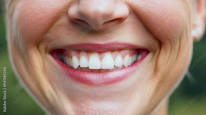 Female smile close up. Teeth whitening and treatment procedure. Dental health. Ideal perfect orthodontic bite. Dentistry closeup. Oral hygiene. Beautiful woman lips. Happy person smiling. Macro shot.