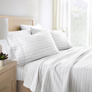 Gray Weathered Stripe 4 Piece 100% Cotton Flannel Deep Pocket Sheet Set, Queen, by Noble Linens