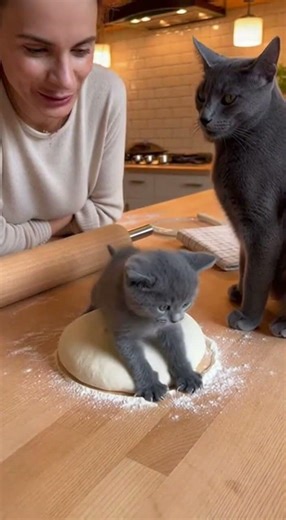 Baby Russian Blue kitten kneads dough in the kitchen with mom watching
