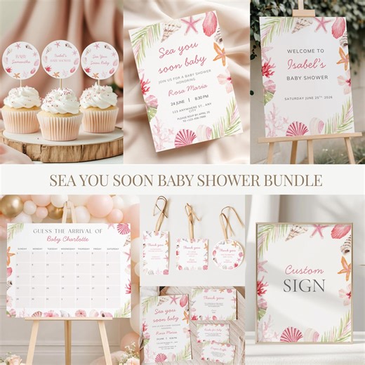 Sea You Soon Baby Shower Invitation Bundle, Pink Seashell Shower Decorations, Editable Templates - Etsy