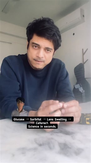 Mrinal Barua | Doctor | Nutrition | Metabolism on Instagram: "Increased conversion of glucose to fructose by the polyol pathway contributes to cataract formation mainly through osmotic and oxidative stress. In hyperglycemic conditions, excess glucose is metabolized to sorbitol, which accumulates in lens cells due to its poor membrane permeability. This causes water influx, cell swelling, and disruption of lens fiber organization, leading to opacity. Simultaneously, the pathway consumes NADPH, re