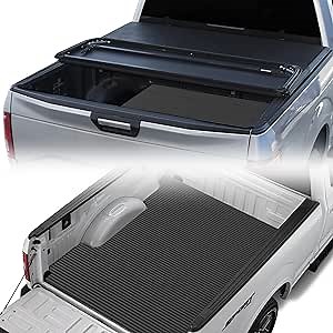 Armordillo CoveRex TF Solid Tri-Fold Tonneau Cover+Horizontal Line Style Rubber Truck Bed Mat|Fits 2005-2010 Dodge/2011 Ram Dakota 6.5 Ft 78" Bed|28727881|ABS Vinyl|Truck Bed Cover|Truck Mat