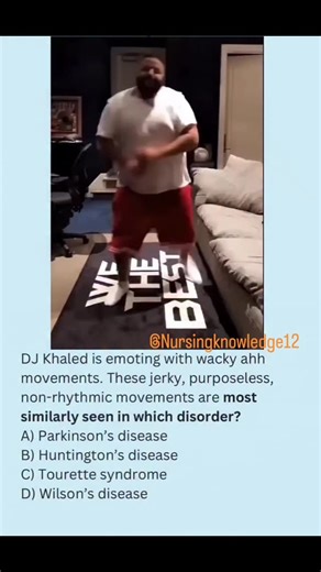 Nursing Knowledge 🏥. on Instagram: "📚📚EXPLANATION (WITH ANSWER) The stem describes jerky, purposeless, non-rhythmic movements - this is chorea. The disorder most classically associated with chorea is Huntington's disease, due to degeneration of the basal ganglia (caudate + putamen). Correct answer: B) Huntington's disease WHY THE OTHERS ARE WRONG A) Parkinson's disease × Hypokinetic disorder → bradykinesia, rigidity, resting tremor, not chorea C) Tourette syndrome × Motor/vocal tics that are 
