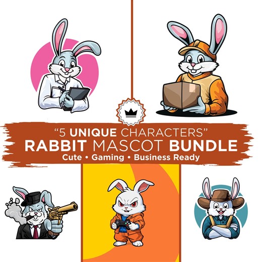 Rabbit Mascot Logo Bundle, Bunny Character Logos Pack, Cute Animal Mascot Design, Gaming Business Branding Kit, Editable Vector - Etsy