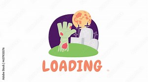 Zombie graveyard in Halloween night 2D loading animation. Hand bursting out of grave animated cartoon scene 4K video loader motion graphic. Moon night on spooky cemetery download, upload progress gif