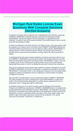 Michigan Real Estate License Exam Questions With Complete Solutions Verified Answers