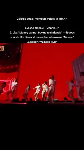 Jennie put all members voices in MMA? 1. Jisoo “Jennie~! Jennie~!” 2. Lisa “Money cannot buy no real friends” — it does sounds like Lisa and remember who owns “Money” 3. Rosé “I’ma keep it Z!” #BLACKPINK #JENNIE #JISOO #LISA #JISOO