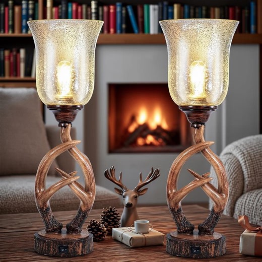 Rustic Table Lamps Set of 2 With USB Port, Dimmable Farmhouse Bedside Lamps, Vintage Antler Style Nightstand Lighting - Etsy