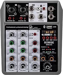 BOMGE Professional Audio Mixer, Sound Board Mixing Console with 4 Channel Digital USB Bluetooth Echo Delay Effect, Input 48V Phantom Power Stereo DJ Mixers for Recording, Live Streaming, Podcasting