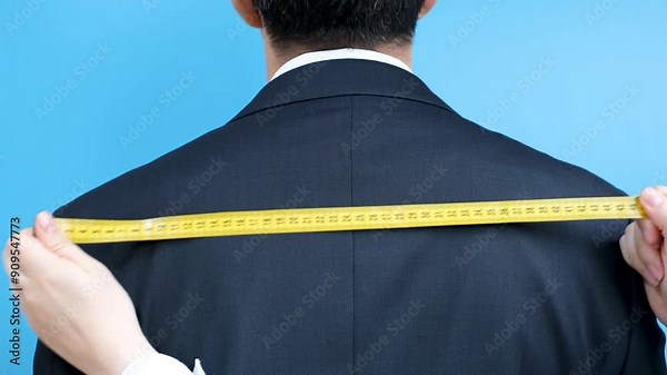 The tailor measures the suit with a measuring tape close-up, back view.