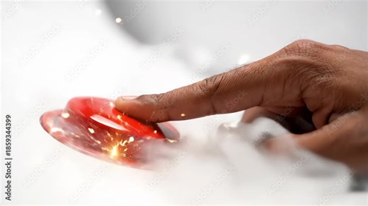Hand Pressing Red Button Triggering Electrical Sparks on White Background
