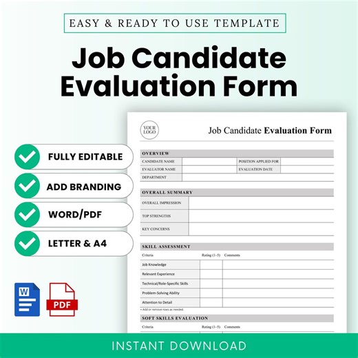 Job Candidate Evaluation Form Template – Word & PDF, A4 + US Letter - Etsy