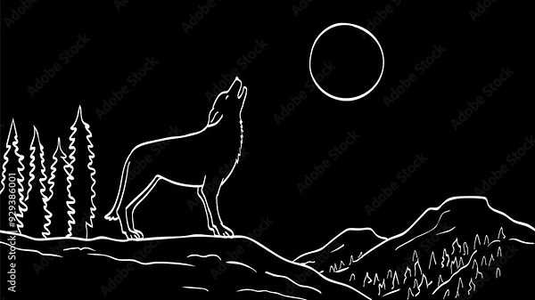 2d Animation line drawing of a wolf, coyote or wild dog howling at the moon on white, black and green screen in 4k ultra-high-definition.
