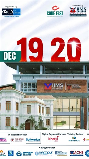 3K views · 51 reactions |  퐀퐑퐄 퐘퐎퐔 퐑퐄퐀퐃퐘 퐅퐎퐑 퐂퐎퐃퐄퐅퐄퐒퐓 ퟐퟎퟐퟓ? The countdown has officially begun!   Save the Dates: December 19, 20 & 21  Venue: IIMS College, Kathmandu Get ready for 3 days of innovation, creativity, competition, and unforgettable tech vibes! ✨ #CodeFest2025 #TechEvent #Innovation #IIMSCollege #Kathmandu #BeReady | CODE FEST | Facebook