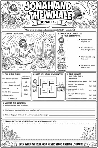 Jonah and the Whale Activity Sheet | Bible Worksheet for Kids | Sunday School Printable | Jonah 1–3 - Etsy