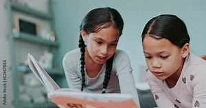 Sisters, children and book for reading on bed, teaching or education for helping hand, care and love in family home. Girl child, siblings and learning for literacy, language and focus for life skills