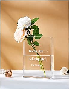 Clear Book Vase for Flowers - Acrylic Transparent Book Shaped Flower Vase for Home Decor Artificial Flowers Included