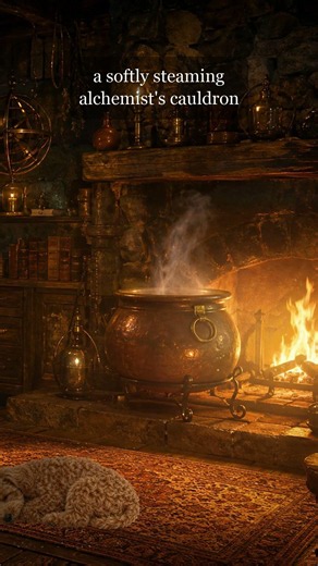 a softly steaming cauldron in an alchemist's study 🧪