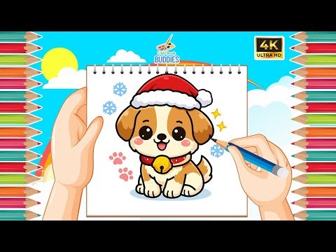 How to Draw a Cute Christmas Puppy with Bell Collar 🎄🐶🔔 | Easy Drawing for Kids | Kawaii Art