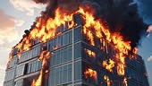 A dramatic scene unfolds as a blazing fire consumes a modern...
