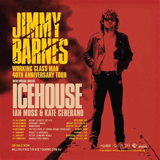 Australia, The Working Class Man is turning 40 – and you’re all invited to the party. I’m hitting the road for the Working Class Man 40th Anniversary Tour, playing the album in full plus all the hits you know and love. Joining me for this incredible run of shows are very special guests ICEHOUSE, Ian Moss, and Kate Ceberano. Tickets are on sale now. | Jimmy Barnes