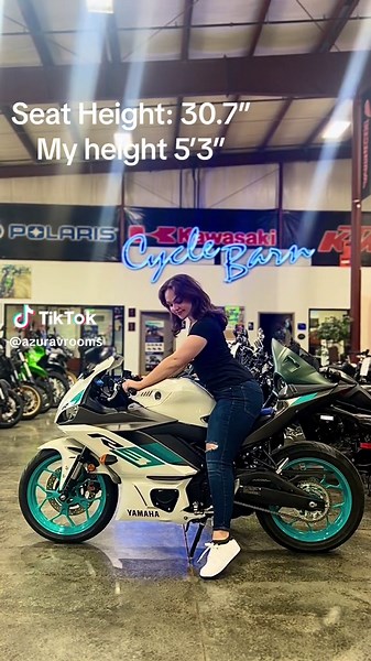 Pt.2-2024 Yamaha R3? ✅ This one is even shorter than my ninja 400 (by .2 inches)!!! 🤣 I think it’s also really cool that is has an inline twin instead. It doesn’t matter how tall you are though, if you want to ride, find a bike you’re comfortable on or can MAKE comfortable!!! Dont let height be the reason you miss out on the bike life. #yamaha #R3 #rider #biketok