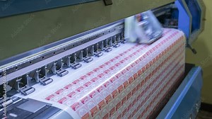 Large format inkjet printer printing on sticker sheet with branding product at workplace