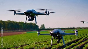 An advanced farming operation with AI-driven drones planting crops and monitoring growth.