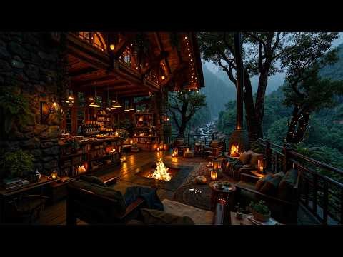 Slow Piano Jazz in a Cozy Rainy Forest Cabin Café ☕ Fireplace & Rain Sounds for Deep Focus ,Rest 🌧️