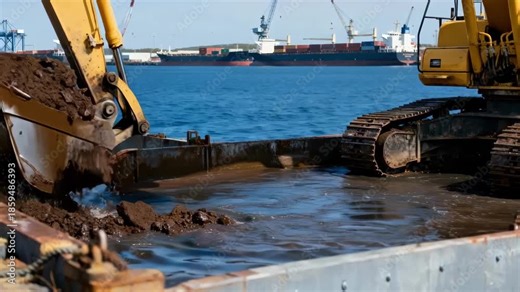 Continuous dredging process capturing powerful hydraulic excavators extracting sediment from the waterbed maintaining harbor depth efficiency.