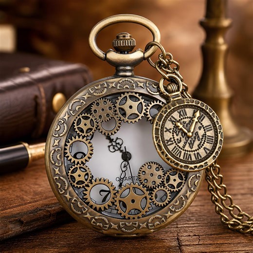 Steampunk Pocket Watch Gear Quartz Bronze Necklace Chain Antique Style Gift Men Women Vintage - Etsy