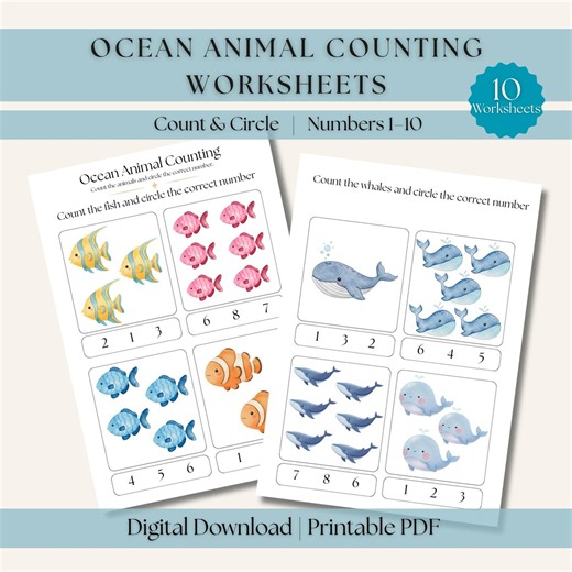 Ocean Animals Counting Worksheets | Count & Circle Numbers 1–10 | Preschool Math Printable | Ages 3–5 - Etsy