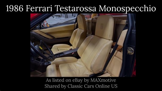 Experience one of the most iconic supercars of the 1980s — the 1986 Ferrari Testarossa Monospecchio. This rare “flying mirror” model is 1 of just 1,497 built, finished in classic Rosso Corsa with beautifully preserved Beige Connolly leather. Its legendary 4.9L flat-12 engine, gated 5-speed manual, and dramatic side strakes make it a standout even among Ferrari’s most memorable designs. This example comes from MAXmotive, complete with its original tool kit, car cover, service books, receipts, and
