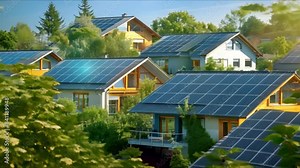 Futuristic housing estate with modern energysaving houses and solar panels from above. Concept Aerial view, Futuristic design, Solar energy, Sustainable living, Modern architecture