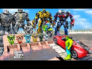 Transformers vs Avengers Spiderman Hulk Challenge with Motorcycles Optimus Prime, Bumblebee - GTA 5