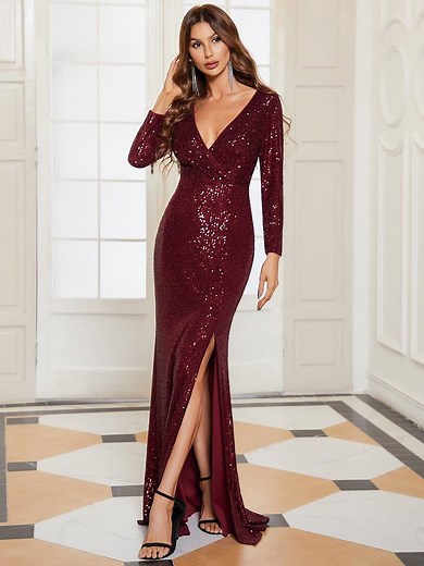 ever NYX|Shiny V Neck Sequin Evening Party Dress with Long Sleeve