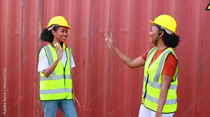 Two friends Black female dock worker relax talking in break time at warehouse container yard. Marine and carrier insurance concept. logistic shipping yard