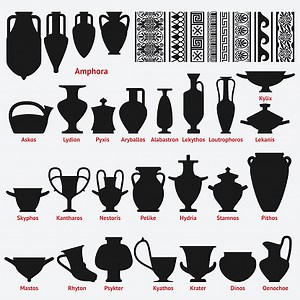 Set of antique Greek vases and border decoration seamless patterns....