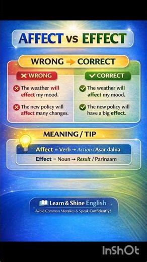 Affect or Effect? Don’t confuse them! ❌✅ Learn the difference, avoid common mistakes. #SpokenEnglish