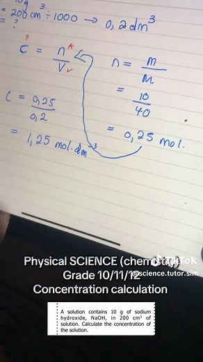 Concentration Calculation in Physical Science for Grades 10-12
