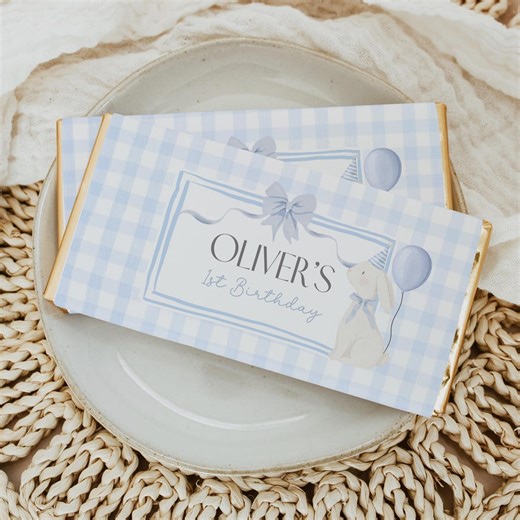Some Bunny Party Favors Printable Blue Bow Gingham Chocolate Wrapper Template, Editable Rabbit Candy Bar Labels, Custom Boy Party Favour A3 - Etsy