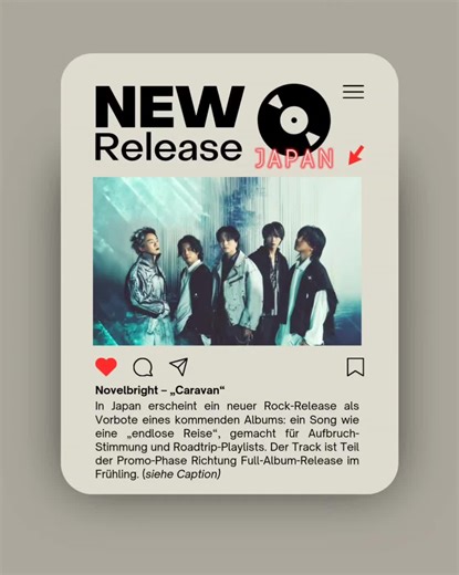 Neuer Japan-Rock-Push aus Osaka-Energie: Heute erscheint ein frischer Track als Teil der Album-Roadmap Richtung Major 4th Full Album „PYRAMID“ (Release ist für Anfang April angekündigt). Der Songtitel ist Programm: „Caravan“ klingt nach Unterwegs-Sein, nach Team-Gefühl, nach diesem „Wir ziehen weiter, egal wie lang der Weg ist“. Wenn ihr Songs mögt, die wie ein Startknopf funktionieren – für Pendelwege, Roadtrips, „neues Kapitel“-Momente – dann ist das euer Release. Drop: 00:00 JST (bei uns 22.0
