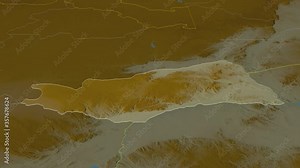 Lusaka, province with its capital, zoomed and extruded on the relief map of Zambia in the conformal Stereographic projection. Animation 3D