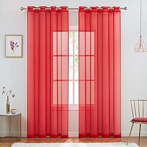July Joy Semi Linen Look Sheer Curtains for Bedroom, Living Room Grommet Light Filtering Solid Voile Window Curtains, Set of 2 Panels (52 x 96 inch, Red)