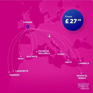 Hello there, Cardiff! And hello there, 9 new leisure routes from our 4th UK base! Getting curious? Then go on. Alicante, Faro, Larnaca, Tenerife, Corfu, Heraklion, Palma de Mallorca, Lanzarote aaaaand Sharm El Sheikh. The list is almost too long to write it down. Luckily. | Wizz Air