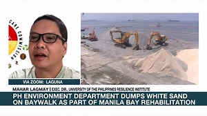 Dumping "white sand" on Manila Bay's naturally gray shoreline is expensive and unsustainable, as the synthetic white sand will be just washed out by storm surges or high tides, said UP Resilience Institute executive director Mahar Lagmay. | ANC 24/7