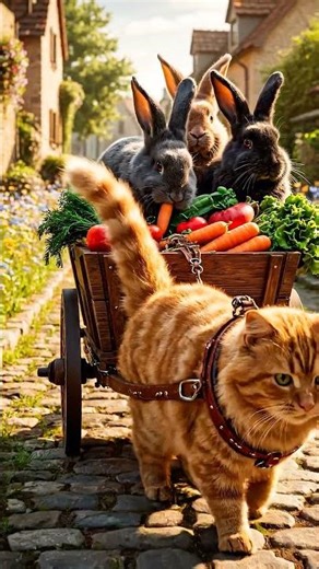 Strong Orange Cat Pulling a Bunny Cart!”#cat #catshort #kitty #petlovers